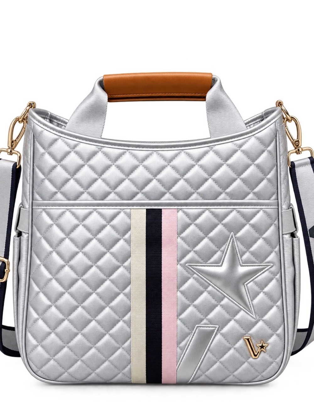 Lee Silver Quilted Tote with Pink and Cream Stripe
